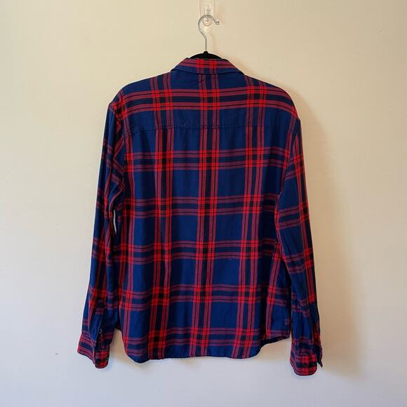 H&M L 100% cotton casual button down t-shirt blue red plaid corpcore work - Picture 5 of 7